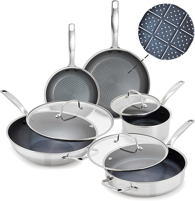 Blue Diamond Hybrid Nonstick Stainless Steel 8 Piece Cookware Set, Tri-Ply PFAS-Free Ceramic Diamond Bond Pots & Pans, Dishwasher & Oven Safe to 850F, Induction Ready, Metal Utensil Safe, Silver