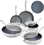 Blue Diamond Hybrid Nonstick Stainless Steel 8 Piece Cookware Set, Tri-Ply PFAS-Free Ceramic Diamond Bond Pots & Pans, Dishwasher & Oven Safe to 850F, Induction Ready, Metal Utensil Safe, Silver