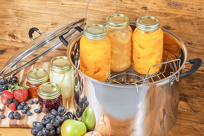 Water Bath Canner 7-Piece Set, Includes Stainless Steel 21.5Qt Induction Capable Canner with Glass Lid, + 1 Stainless Steel Prep-N-Cook Canning Rack, + 1 Jar Wrench, + 1 Bubble Remover, + 1 Lid Lifter