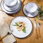 Gibson Home Folsom Shores 12 Piece Unbreakable Modern Melamine Plates and Bowls Dinnerware Set - Outdoor, Camping, & Everyday Use - White W/Black Rim