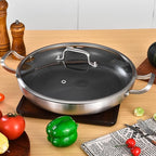 Inqibee 14-Inch Hybrid Tri-Ply Stainless Steel Paella Pan with Lid,Ceramic Non Stick Large Skillet,Induction Cooking Pan,Anti-Scratch,Dishwasher and Oven Safe