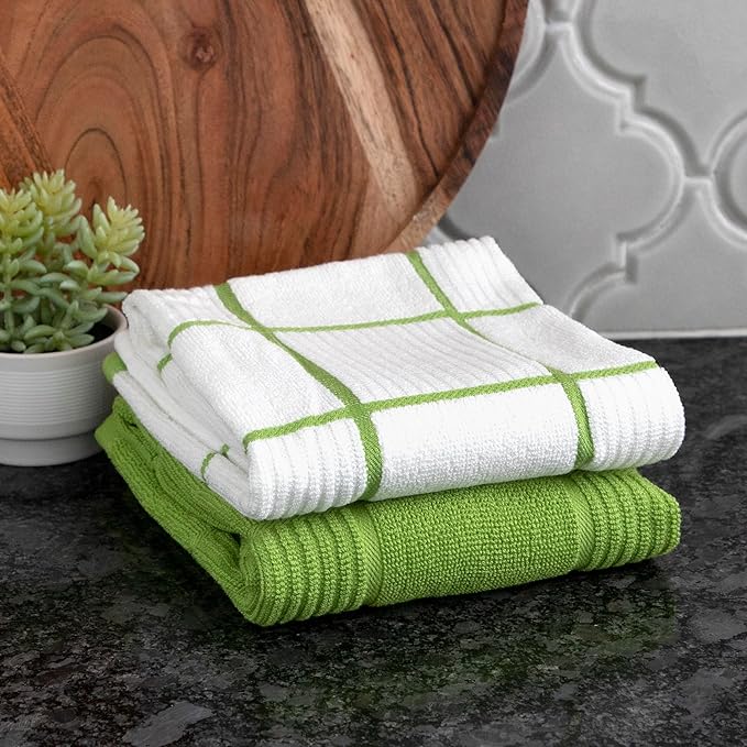 T-FAL Solid & Checked Parquet Kitchen Towels: Highly Absorbent, Super Soft Long Lasting - 100% Cotton, 16"x26" Dish Towels for Cleaning & Drying Dishes, Pans, Glassware, or Countertops, 2-Pack, Green