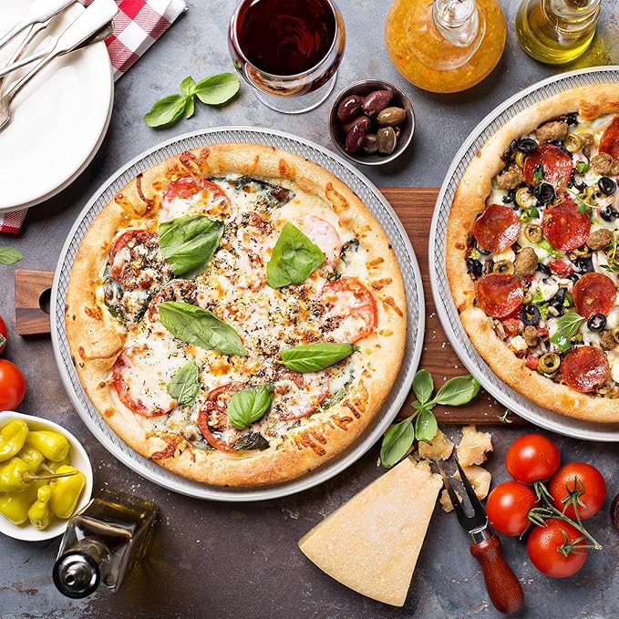 Nuogo 5 Pcs 18 Inch Pizza Pan with Holes Aluminum Mesh Pizza Screen Seamless Round Tray for Oven Nonstick Baking Sheet for Kitchen Bakery Restaurant BBQ Party Cookware Supplies