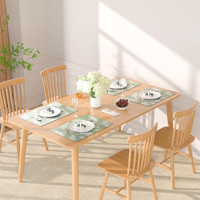 QIYI Placemats Set of 4, 12x18 Inch PU Leather Place Mats for Kitchen Dinning, Heat Resistant Anti Slip Green White Table Mats, Waterproof Wipeable Washable Placemat Party Table Décor, Fern Leaves