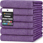 Homaxy Premium Kitchen Towels(18”x 28”, 6 Pack), Large Cotton Kitchen Hand Towels, Flat and Terry Dish Towels, 380 GSM Highly Absorbent Tea Towel Set with Hanging Loop, Purple