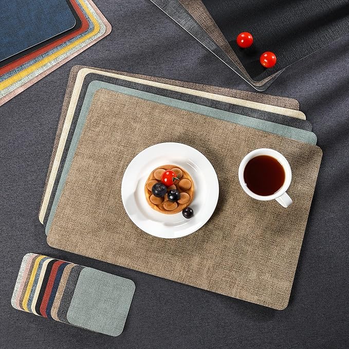 Myir JUN Placemats Dual Sided, Faux Leather Place Mats Set of 6 Indoor Placemat for Dining Table Outdoor Place Mat Manteles Individuales Square Non-Slip Washable Table Mats (Gray Blue, Set of 6)