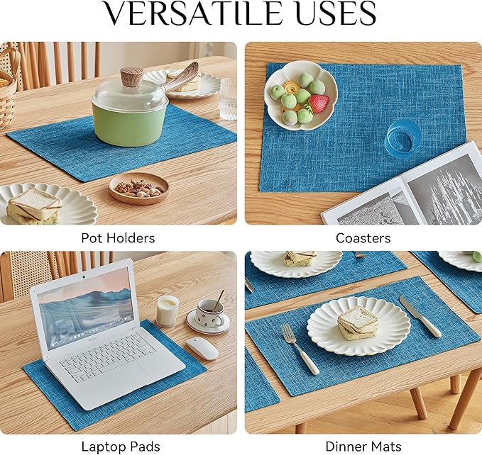 Softalker Faux Linen Placemats Set of 12-12 x 18 Inch, Heat Resistant Double Layered Durable Burlap Farmhouse Place Mats, Non-Slip Washable Rustic Table Mats for Dining, Kitchen, Party（Sky Blue