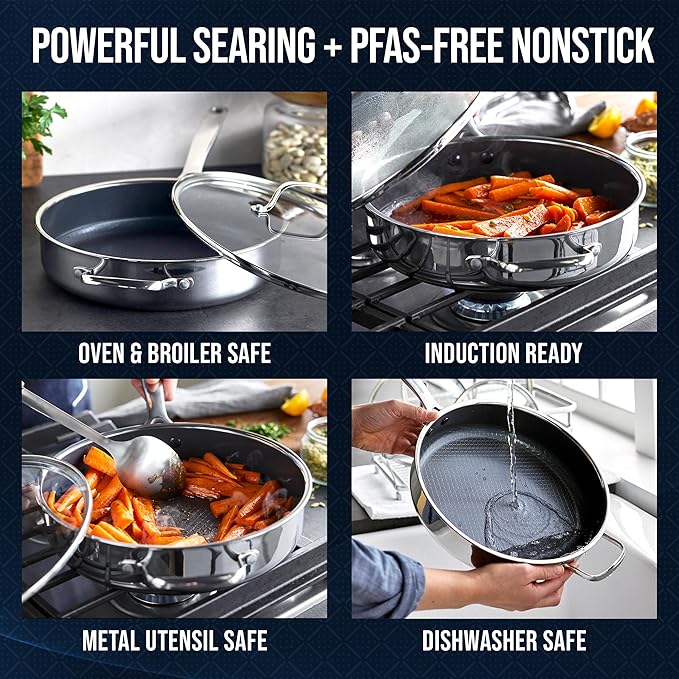 Blue Diamond Hybrid Nonstick Stainless Steel 4QT Saute Pan with Glass Lid, PFAS-Free Ceramic Diamond Bond, Deep Jumbo Skillet, Induction Ready, Dishwasher & Metal Utensil Safe, Stay-Cool Handle