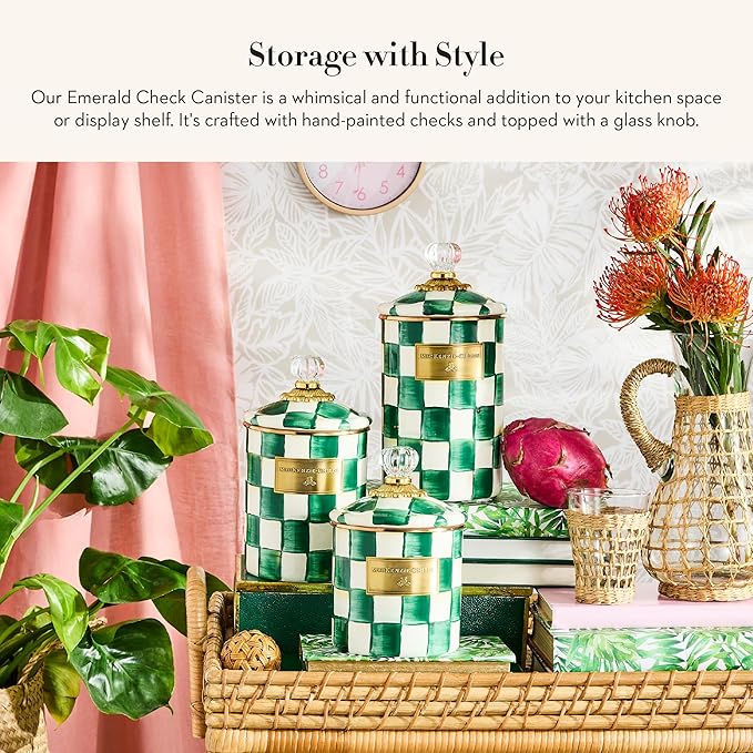 MACKENZIE-CHILDS Large Enamel Canister, Kitchen Storage Container with Lid, Green-and-White Emerald Check