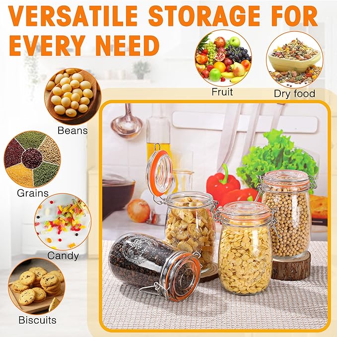 Wide Mouth Mason Jars 32 oz, 4 Pack Glass Canning Jars with Airtight Lid, Large Clear Canister Quart Jars for Pickling Flour Salad Jam Jelly Coffee Sugar Beans Kitchen Storage (4 Pack 32OZ)