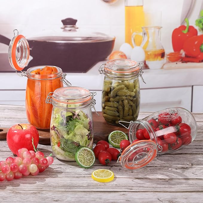 Wide Mouth Mason Jars 32 oz, 6 Pack Glass Canning Jars with Airtight Lid, Large Clear Canister Quart Jars for Pickling Flour Salad Jam Jelly Coffee Sugar Beans Kitchen Storage (6 Pack 32OZ)