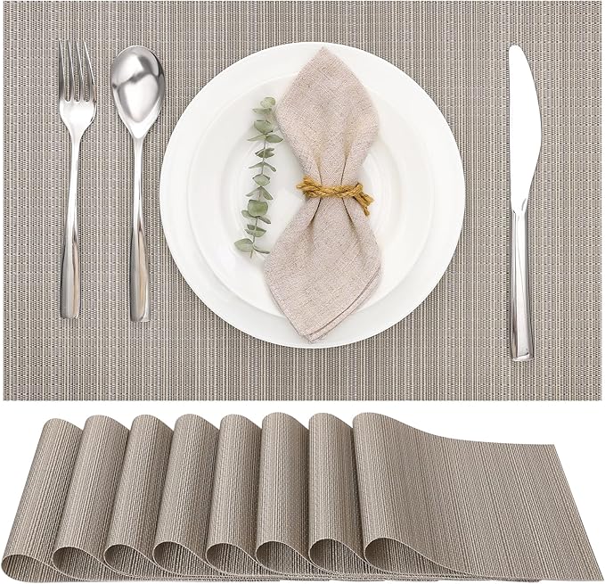 Myir JUN Placemats Set of 8, Vinyl Woven Placemats Place Mats Indoor Set of 8 Washable Table Mats Non-Slip Place mats for Dining Table (Golden Silver, Set of 8)