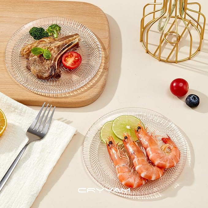 Dessert Plates - 6 Inch/15cm Handblown Glass Plates Set of 6 - Small Decorative Salad and Dessert Plates, Clear Glass Dinner Plates for Appetizers, Salads, and Small Meals