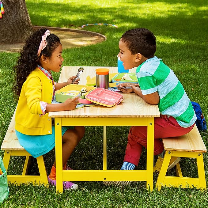 Munchkin Lunch Bento Box for Kids and Toddlers, Includes Stainless Steel Utensils, BPA-Free, 18 Months and Up, Blue/Green/Yellow