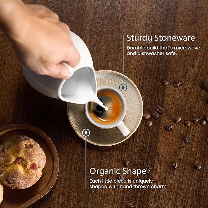 KooK Espresso Mug and Saucer Set, Ceramic Cups and Plates with Rustic Organic Shape and Feathered Texture, Dishwasher and Microwave Safe, 2.7 oz, Set of 4, Neutral Multicolor