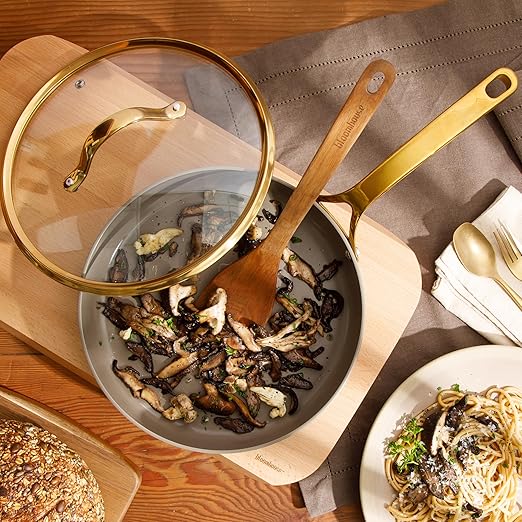 Bloomhouse - Two Time Oprah's Favorite Things Winner - 10 Inch Heavy Duty Aluminum Premium PFA Free Ceramic Nonstick Saute/Deep Frying Pan Skillet with Lid - Cappuccino Cream with Gold Handle