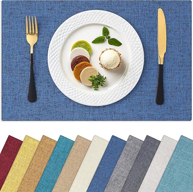 Homaxy Cloths Placemats for Dining Table Set of 6, Heat Resistant Washable Cotton Linen Blend Table Mats, Easy to Clean Place Mats for Indoor Outdoor Party Kitchen Decoration, 13" x 18", Blue