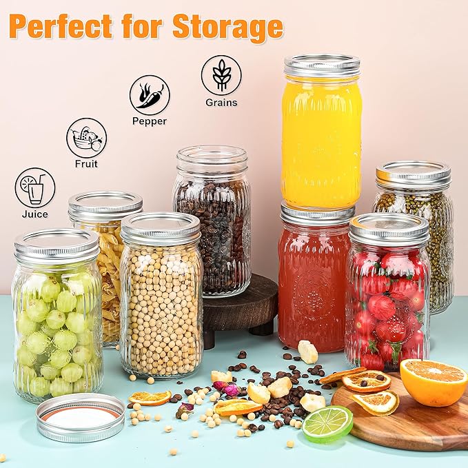 12Pack 32oz Wide Mouth Mason Jars, Glass Mason Jars with Airtight Lids and Bands, Large Canning Jars for Food Storage, Pickling, Meal Prep, DIY Decor, Fruit Print, Safe for Microwave & Dishwasher