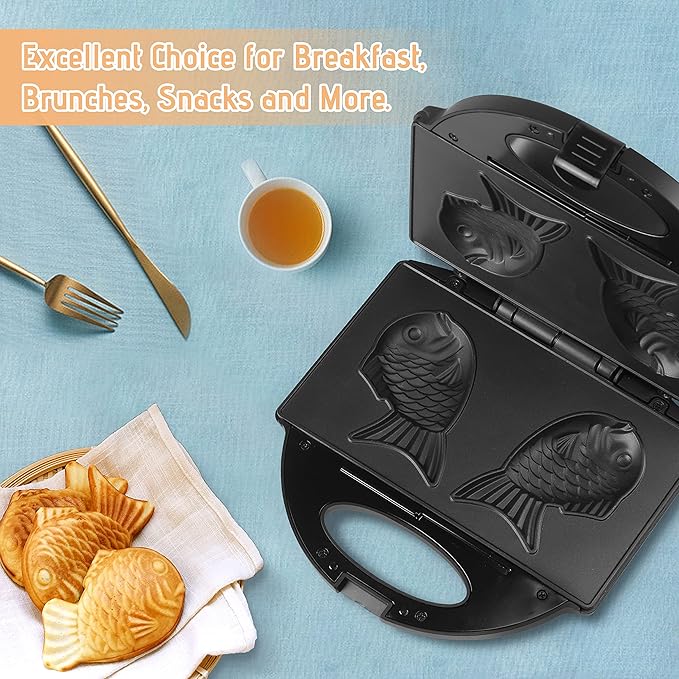 Taiyaki Fish Waffle Maker Machine with Non Stick Cooking Plate, Electric Japanese Fish Shaped Waffle Iron Pan, Korean Bungeoppang Pan, Recipe Included