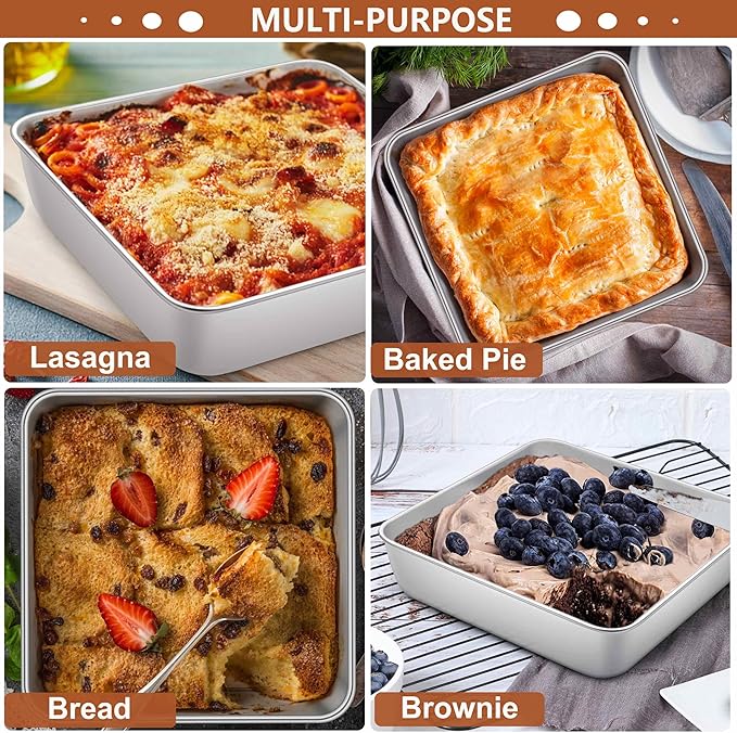 LIANYU 4 Pack 8/9 Inch Square Baking Cake Pan, Stainless Steel Brownie Bread Cake Molds, Square Bakeware for Lasagna Pie, Oven & Dishwasher Safe, 2 PCS 8-Inches + 2 PCS 9- Inches
