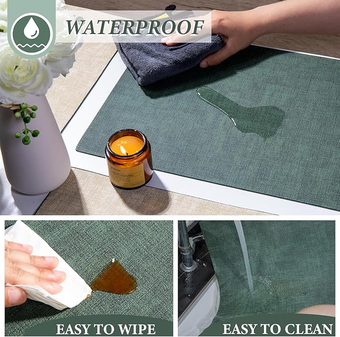 SUEH DESIGN Leather Placemats Set of 6 Reversible Table Mats Heat Resistant Waterproof No-Slip Place Mats for Dining Table Kitchen Parties, Dark Green and Beige