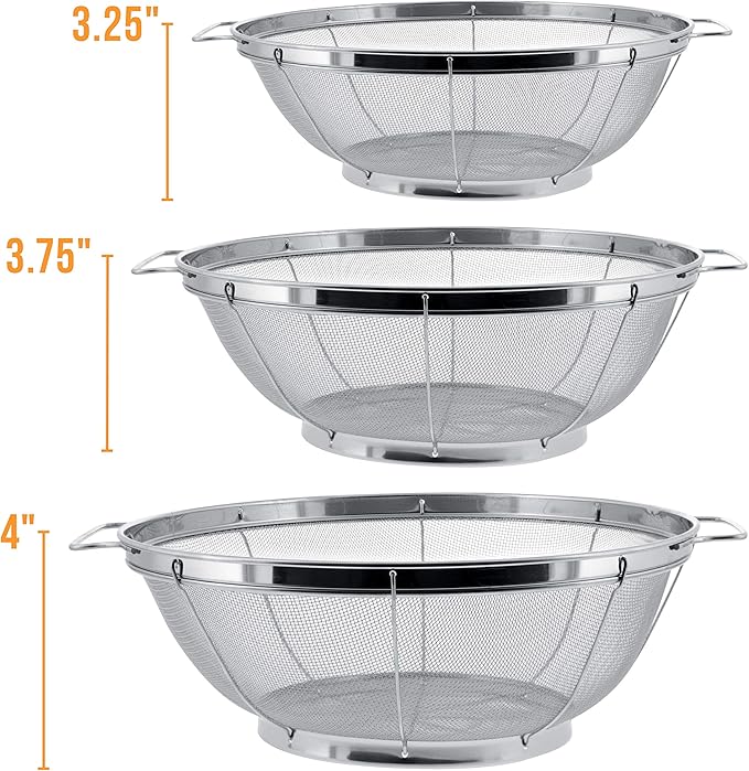 U.S. Kitchen Supply Set of 3 Stainless Steel Colander Strainers Net Baskets - 11", 9.5" & 8.5" Sizes - Colander with Handles & Resting Base - Stainless Steel Sieve, Strainers and Colanders for Kitchen