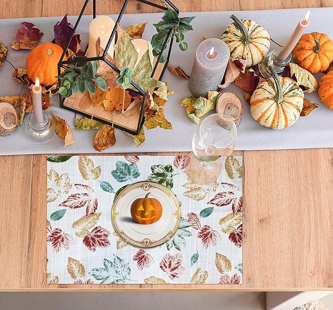 Ruvanti Placemats 100% Cotton 13x19 Inch, Dining Table Placemats Set of 6, Modern Place Mats for Dining Table Decor, Kitchen & Table Linens, Coffee Mat for Christmas Dinners - Stamped Leaves
