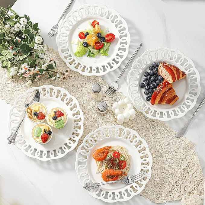 4 Pack 10" Dinner Serving Plates with Lace Rim, New Bone Porcelain Round Tableware Plates with Unique Hollow Out Design Scolloped Edge, White Dishes for Daily Use or as an Excellent Plate Idea