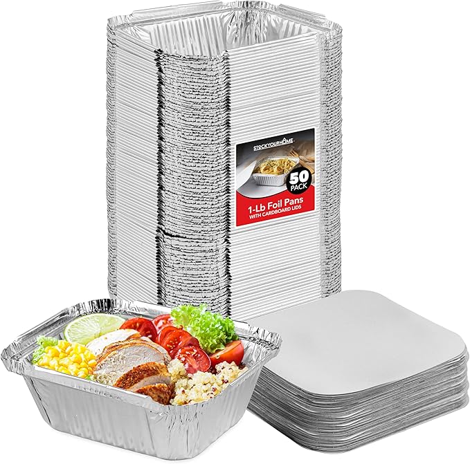 Small Aluminum Pans Take Out Containers (50 Pack) 50 Foil Oblong Pans and 50 Cardboard Lids - 1 Lb Tin Pans - Disposable Food Storage Containers for Cooking, Baking and Meal Prep