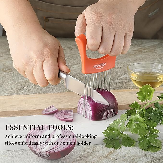 Onion Slicer Holder, MONGSEW Stainless Steel Onion Cutter for Slicing and Storage of Onions, Avocados, Eggs, Dishwasher Safe, Protective Cover Included (Stylish Orange)