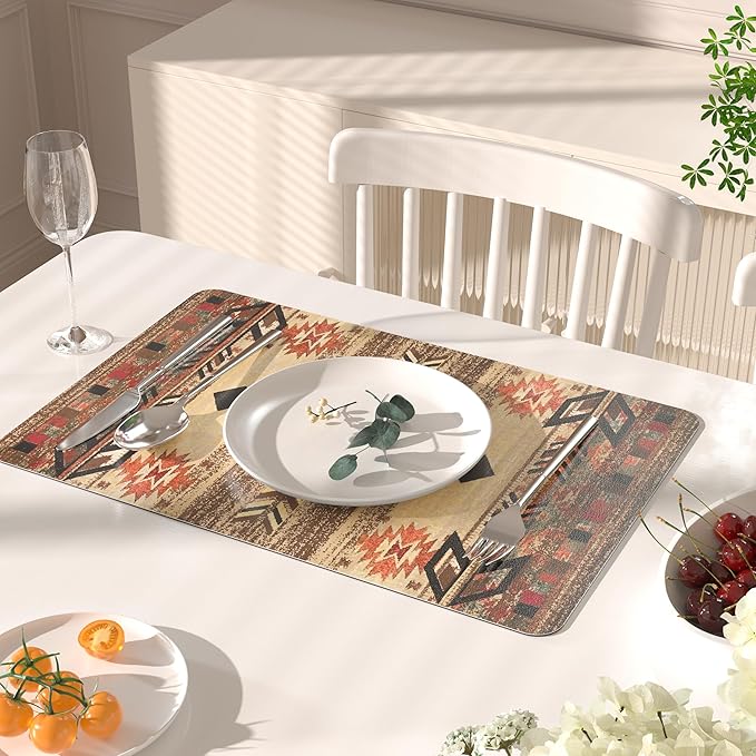 QIYI Placemats Set of 6, 12x18 Inch PU Leather Place Mats for Kitchen Dinning, Heat Resistant Anti Slip Brown Table Mats, Waterproof Wipeable Washable Placemat Party Table Décor, Geometric Motifs