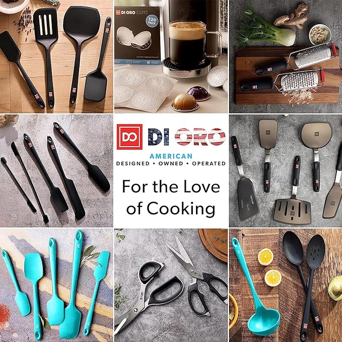 DI ORO Silicone Cooking Spoons - Large Mixing, Serving & Stirring - 600F Heat-Resistant Non-Stick - Big Solid & Slotted Basting Spoons - Dishwasher Safe (2pc, Teal)