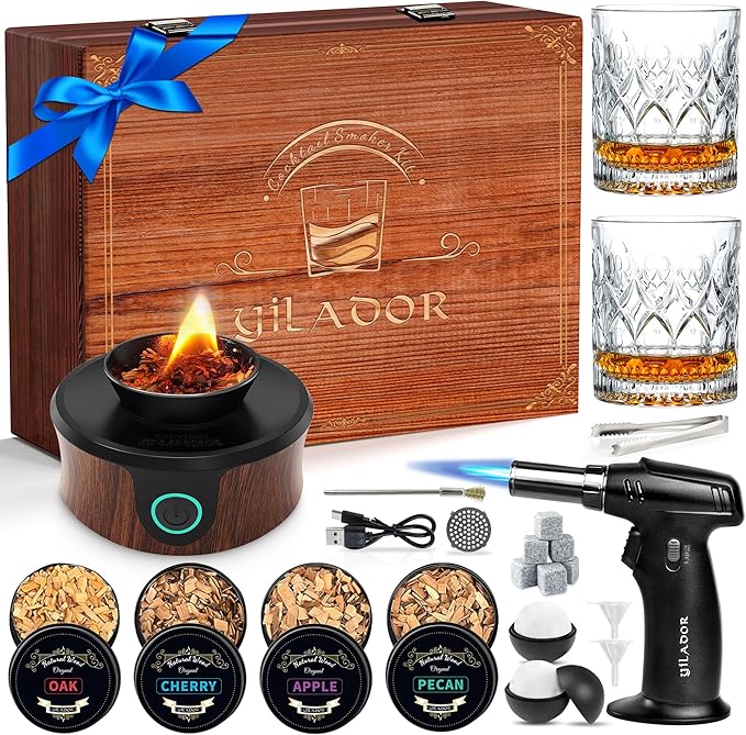 Electric Whiskey Smoker Kit, Luxurious Wooden Box, Heartfelt Christmas Gifts, with 4 Wood Chips, Torch, Ice Molds, Recipe, Stones, Old Fashioned Bourbon Cocktails Smoker, Gifts for Men (No Butane)