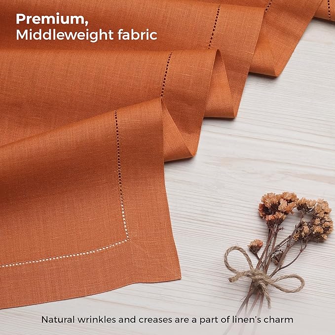 D'Moksha Homes Linen Rust Table Runner 108 Inches Long - 100% Pure Linen 14 x 108 Inch Table Runner for Fall, Halloween - Classic Hemstitch