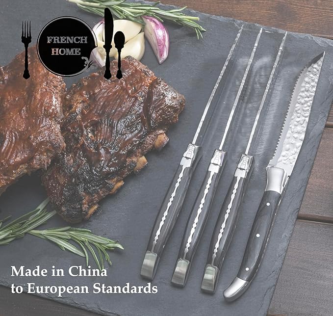 French Home Laguiole 4-Piece Steak Knife Set – Sophisticated Stainless Steel Dinner Knives with Black Handles & Iconic Bee Emblem – Serrated Knives for Smooth Cutting (9.25")