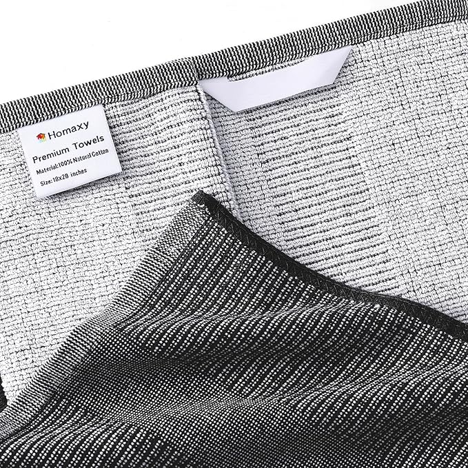 Homaxy Premium Kitchen Towels(18”x 28”, 6 Pack), Large Cotton Kitchen Hand Towels, Flat and Terry Dish Towels, 380 GSM Highly Absorbent Tea Towel Set with Hanging Loop, Black