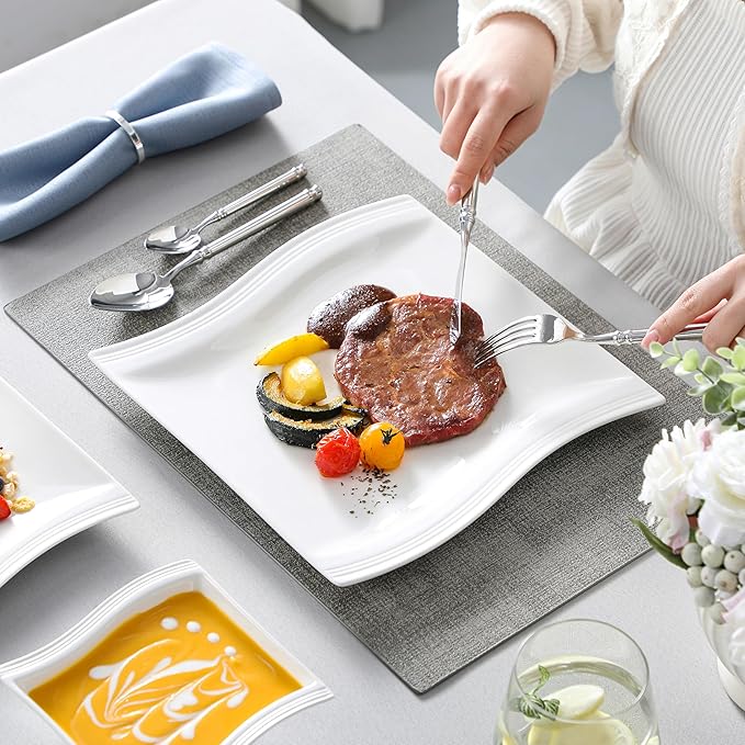 MALACASA Ivory White Dinnerware Set, 12 Pieces - Porcelain Dinner Plates, Dessert Plates and Bowls, Square Flora Pattern