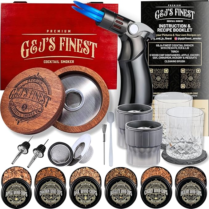 Whiskey Smoker Kit | Cocktail Smoker Kit with Torch, Scorch Shield, Lid, 6 Wood Chips & Gift Box for Smoked Old Fashioned| Bourbon Smoker