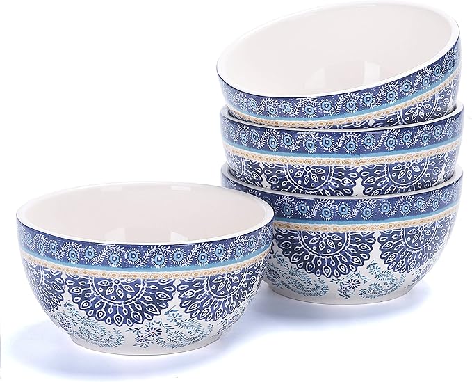 Bico Blue Talavera Cereal Bowls Set of 4, 26 oz Deep Ceramic Soup Bowls for Cereal, Salad, Noodles, Kitchen, Microwave and Dishwasher Safe, Gift for Housewarming and Thanksgiving