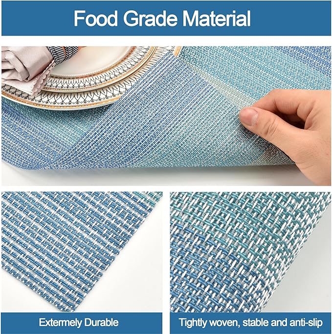 Placemats Set of 4 - Easy Clean Washable Vinyl Placemats - Wipeable Heat Resistant Table Mats for Dining Table - 17.7x11.8 Inch (4, Blue Gradient)