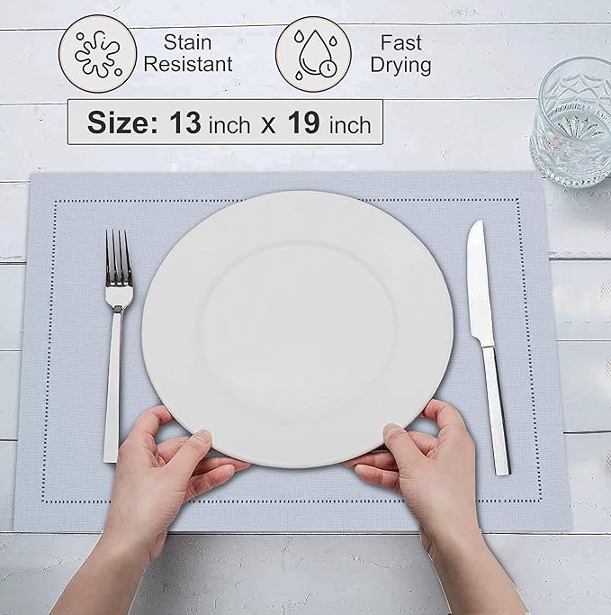 Ruvanti Linen Placemats Set of 6-13x19 Inch, Classic Hemstitch, Heat ‎Resistant Machine Washable Place Mats, Soft & Elegant- Perfect for Christmas, ‎Thanksgiving, Easter, Wedding, Dinner - Arctic Ice