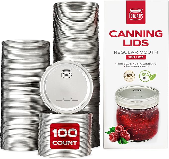 FORJARS - Canning Lids Regular Mouth, 100-Pack – Create Airtight Seals on Mason Jars to Preserve Food for Meal Prep & Food Storage – 2.7 In. Steel Lids with Silicone Seals – Canning Supplies