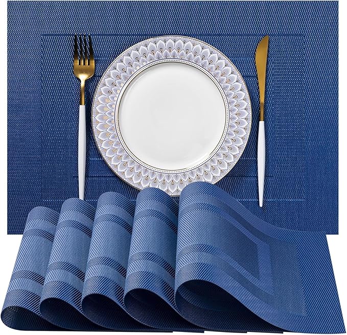 LEXMORE PVC Woven Placemats 8 PCS Wipeable Indoor/Outdoor Table Mats Washable Vinyl Place Mats for Dining Table, Set of 8-Navy Cube