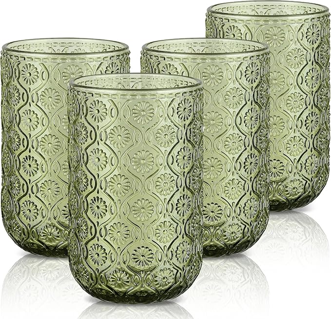 Joeyan Vintage Green Drinking Glasses,Embossed Floral Highball Glass Water Tumbler,14 oz Colored Beverages Juice Cocktail Beer Wine Glassware Cups,Set of 4,Dishwasher Safe