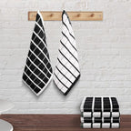 Urban Villa Dish Cloths Terry Cotton Pack of 6, Highly Absorbent Quick Drying Super Soft Premium Dish Towels for Kitchen with Hanging Loop Hand & Tea Towels - 12x12 Inch, (Black & White, Checks)
