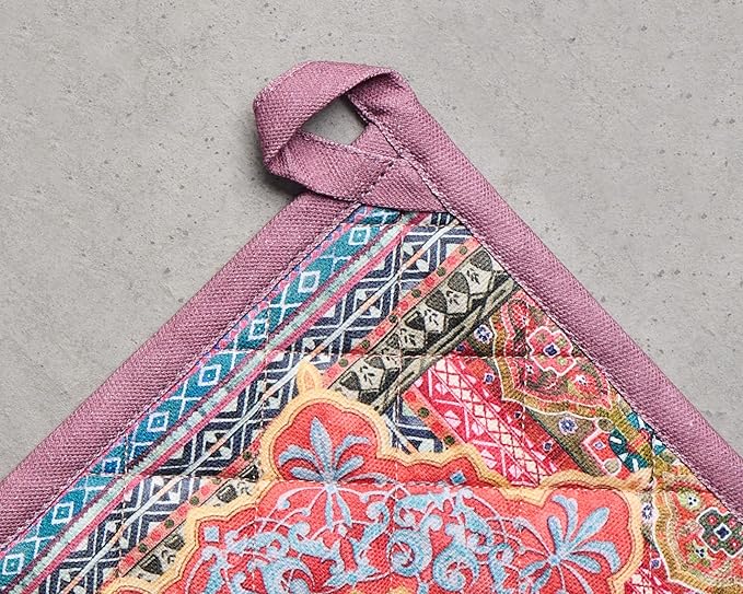 Maison d' Hermine Pot Holders 100% Cotton Heat Resistant Potholders 8" x 8" Hot Pads with Loop BBQ, Cooking, Baking, Grilling, Kitchen, Handling Hot Pans (Pack of 1, Ispahan)