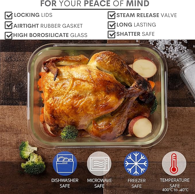 Razab 10 Cups/ 80 Oz 4 Pc (Set of 2) Glass Food Storage Containers with Airtight Locking Lids-For Storing & Serving Food. BPA Free & Leak Proof - Microwave, Dishwasher, Fridge, Freezer and Oven Safe