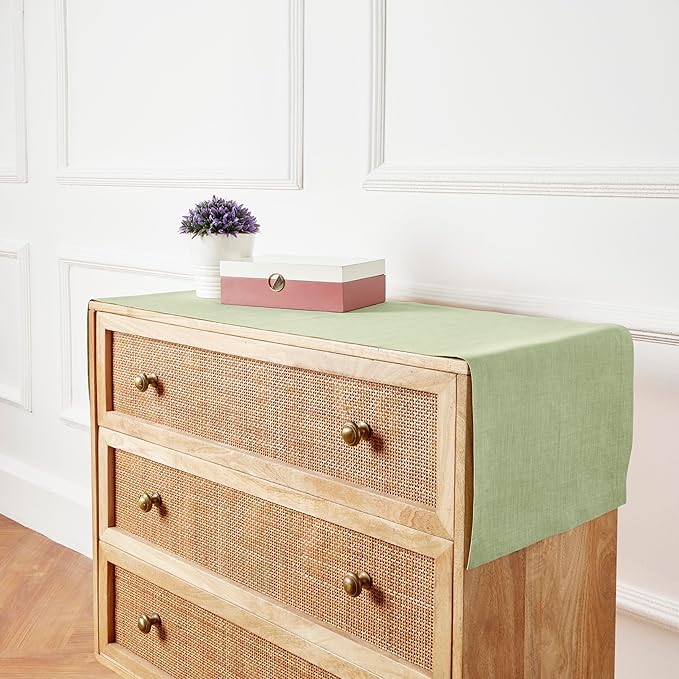 Solino Home Linen Small Table Runner 60 Inches - Athena, 100% Pure Linen Chambray Olive Table Runner 14 x 60 Inch Ideal for Dresser and Coffee Tables - Summer, Fall, Autumn, Halloween