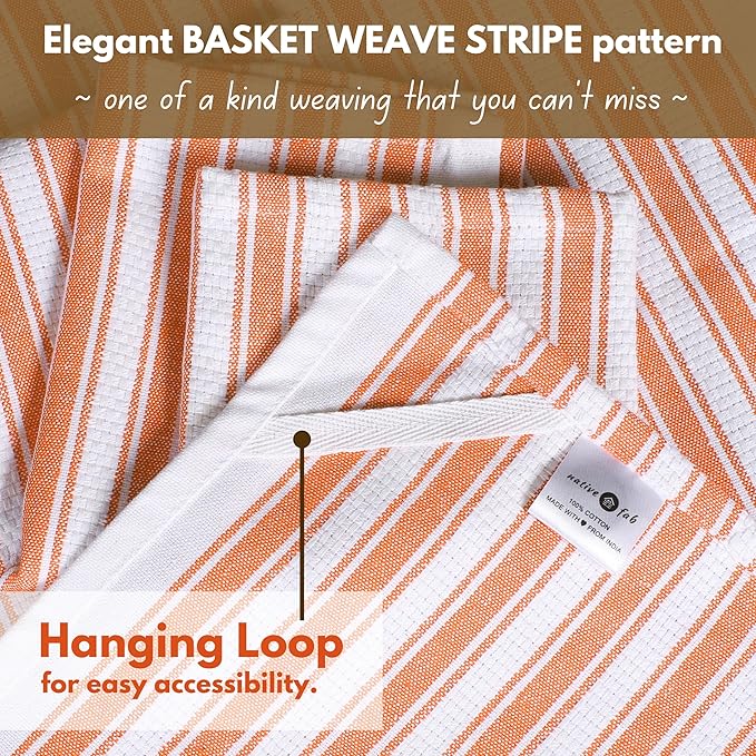 Native Fab Stripe Kitchen Towels - 4 Pack - Basket Weave 100% Cotton Dish Towel - 16x26 inches - Absorbent Towels for Cleaning, Quick Drying, Washable Dish Cloths with Hanging Loop - Orange White