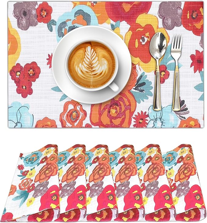 Ruvanti Placemats 100% Cotton 13x19 Inch, Dining Table Placemats Set of 6, Modern Place Mats for Dining Table Decor, Kitchen & Table Linens, Coffee Mat for Christmas Dinners – Multi Flower
